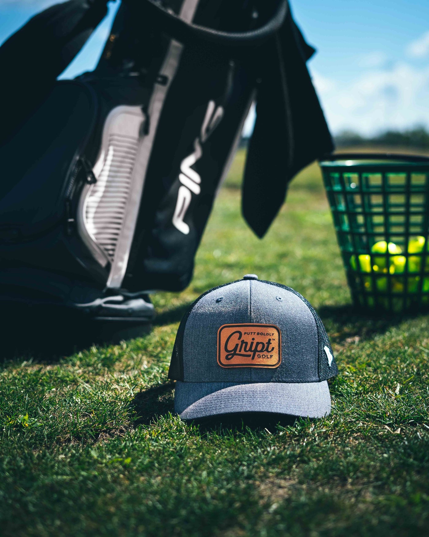 Trucker Charcoal Hat - Gript Golf with brown leather patch